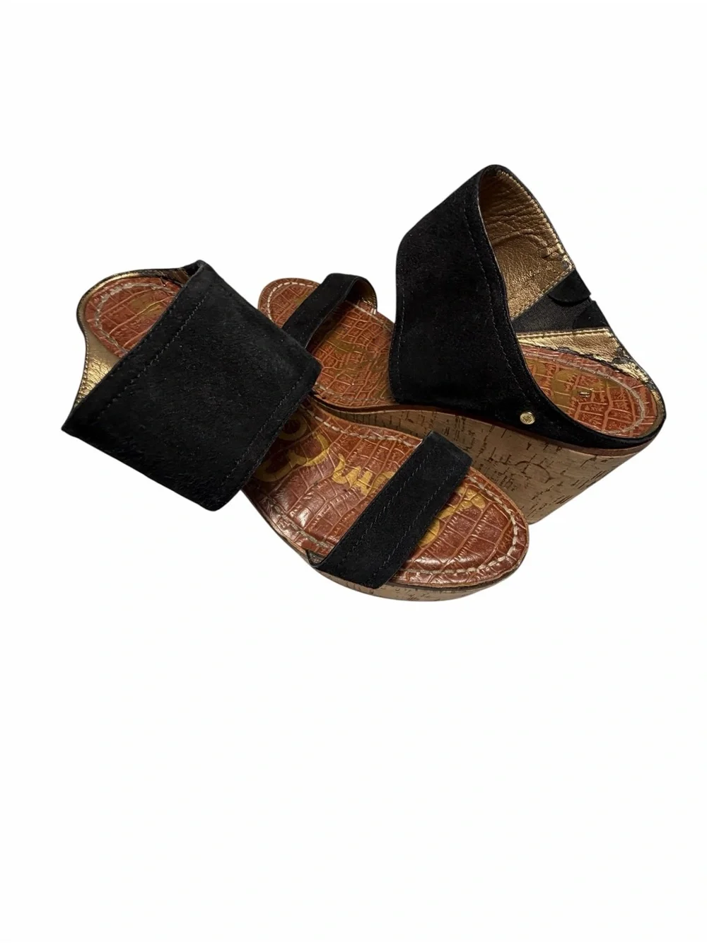 Sam Edelman Gala Women's Black Suede Two-Strap Cork Wedge Sandals Sz 8.5